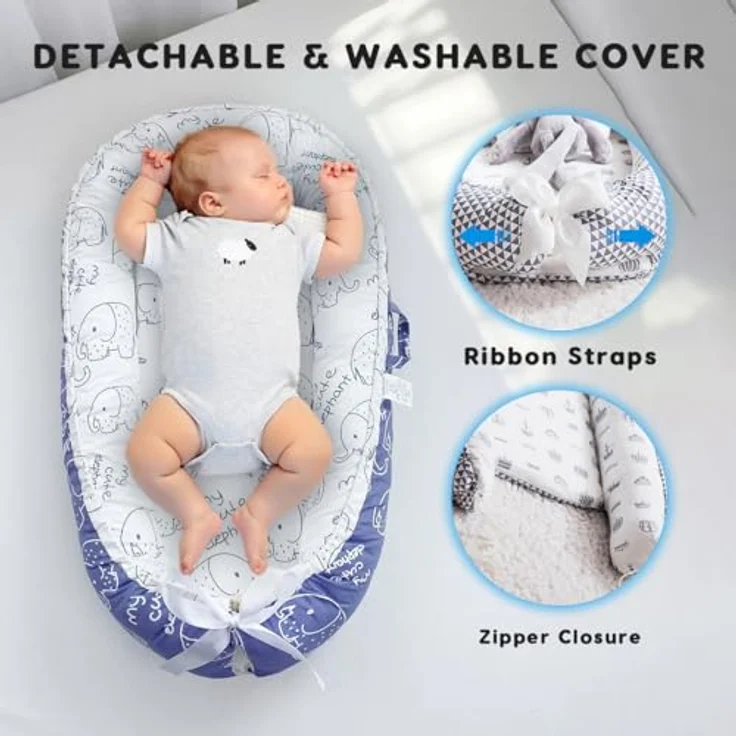 SONARIN Tragbares Babynest Neugeborene,Weiches Atmungsaktives Baby Nestchen Kuschelnest,Reisebett Kokon für Baby Säuglinge,mit Reversible 100% Baumwolle Bezug,88 x 53 cm(Grau-Blatt) – Bild 6
