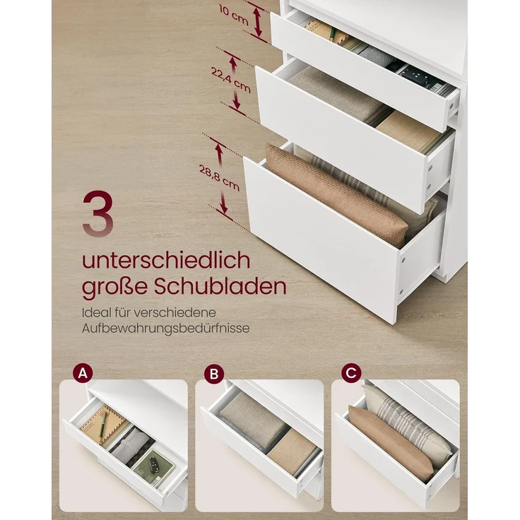 VASAGLE Bücherregal, Hochschrank, 3 unterschiedlich große Schubladen, verstellbare Ablagen, 180 cm hoch, für Wohnzimmer Schlafzimmer Arbeitszimmer, modern, platzsparend, schneeweiß LBC188W01 – Bild 5