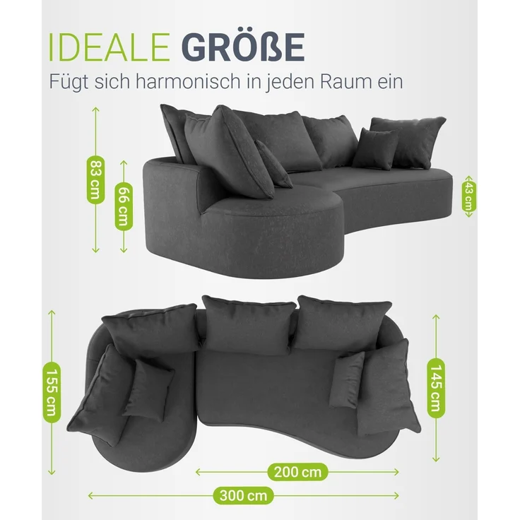 Juskys Sofa Tirano - Samt Dunkelgrau , Ecksofa mit L-Form, mit Rücken- & Dekokissen, 4-Sitzer Eckcouch, Schaumstoff - Ottomane links – Bild 4