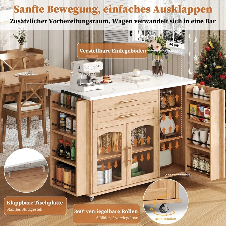 Merax 138cm Mobiler Kücheninsel mit klappbarem Arbeitsbereich, Küchenwagen, 5 Rädern, mehreren Aufbewahrungslösungen, Gewürzregal, Besteckschublade, Natur – Bild 6