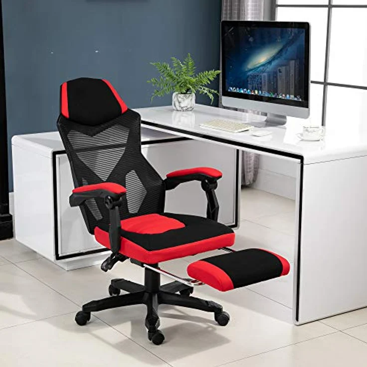Vinsetto Bürostuhl mit Fußstütze, Höhenverstellbar, Ergonomisches Design, Rot & Schwarz – Bild 8
