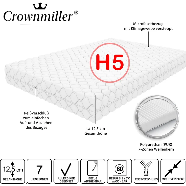Crownmiller Gigant 90x200cm extra fest, 7 Zonen Matratze, 12,5 cm, Bezug waschbar bis 60°C – Bild 1