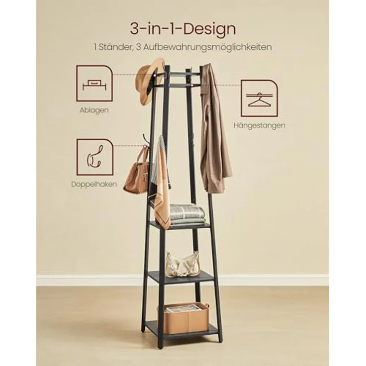 VASAGLE Garderobenständer, Kleiderständer, Garderobe mit 8 Doppelhaken, 4 Ablagen, Kleiderstange, mit Metallrahmen, für Schals, Jacken, Taschen, für Flur, anthrazitgrau-tintenschwarz LCR080B03 – Bild 4