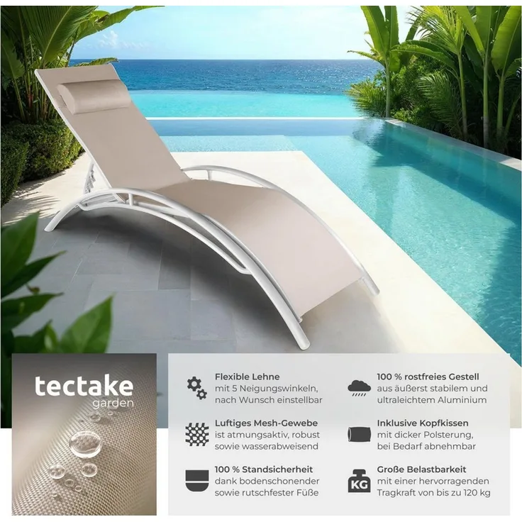 tectake Gartenliege Aluminium Sonnenliege, wetterfest und UV-beständig, 180 x 59 x 50 cm, Balkonliege Alina, 2 St, für Außen in Beige, Textilene-Gewebe, verstellbare Rückenlehne, abnehmbares Kopfpolster