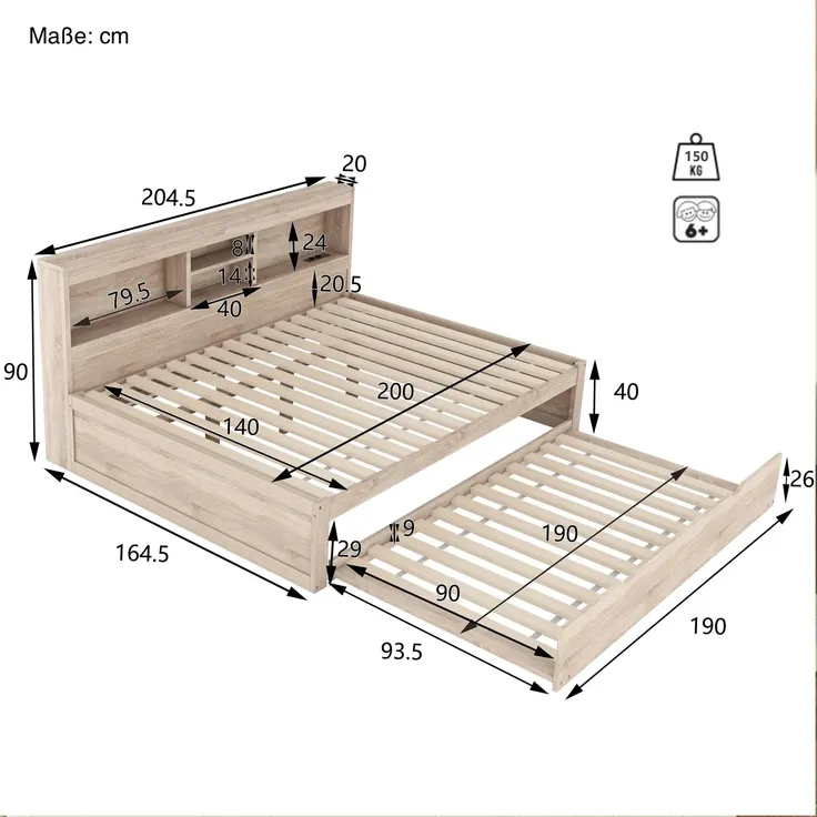 Massivholzbett mit Gästebett, 140x200 cm, Doppelbett mit LED-Beleuchtung, Mehrfachsteckdose und Lattenrost, Jugendbett – Bild 3