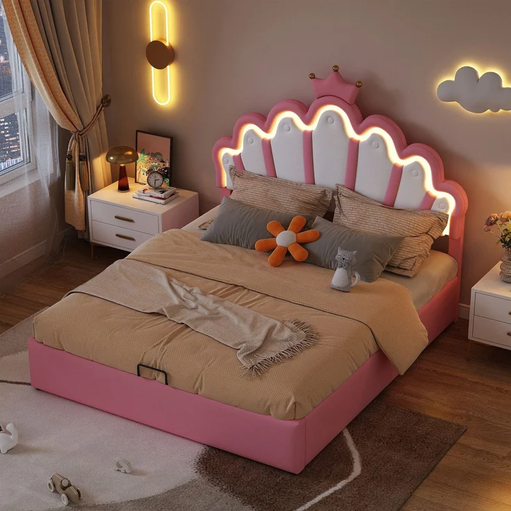 Prinzessinbett mit Lattenrost und LED-Beleuchtung, 140x200 cm, Mädchenbett, Polsterbett für Mädchen, Stauraumbet, Kunstleder – Bild 2
