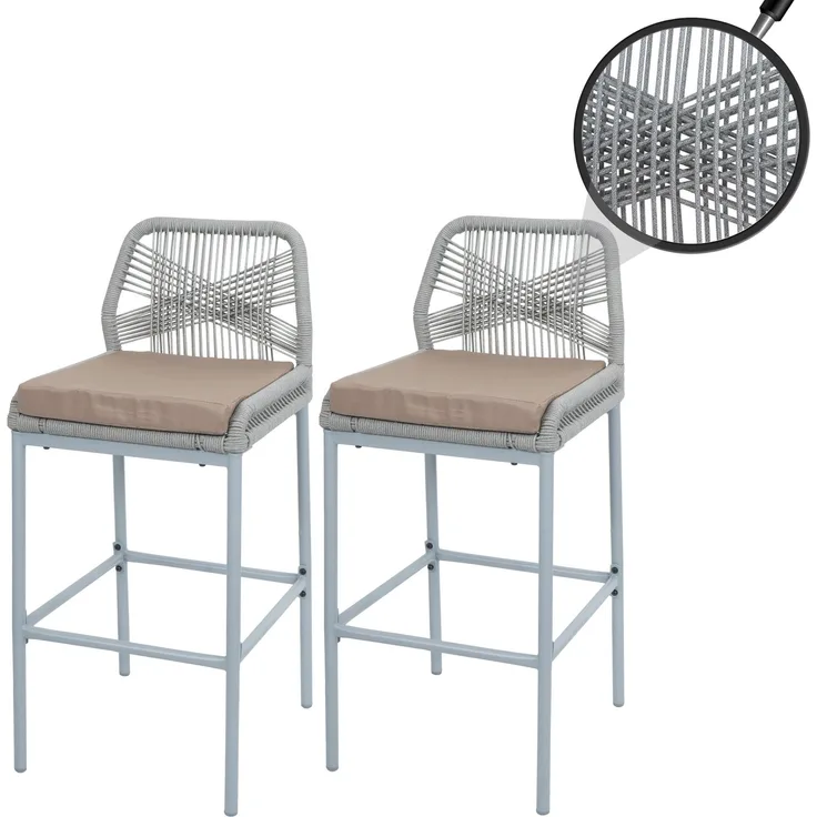 Mendler Rope-Barhocker HWC-O21, 2er-Set, Outdoor Sitzpolster Seilgeflecht Metall, Kissen taupe, Hellgrau, 101x45x52 cm