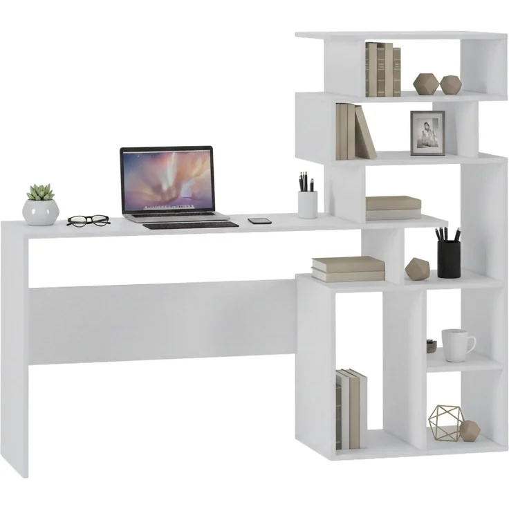 Dmora Schreibtisch mit modernem hohen Bücherregal, Konsole mit Ablagefächern, Arbeitstisch für Schlafzimmer, 160x40xh135 cm, Farbe Weiß