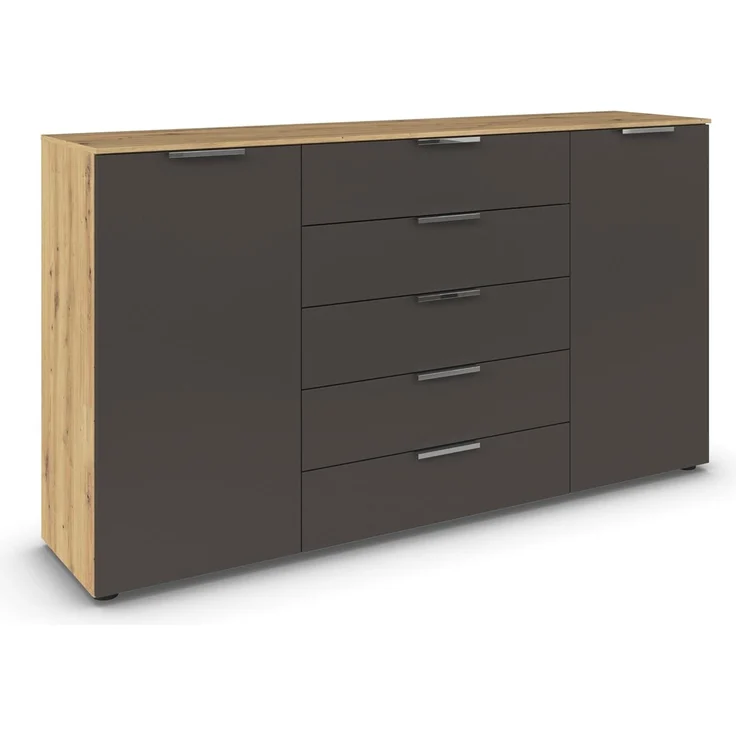 Rauch Möbel Flipp, Kommode für Schlafzimmer, Kinderzimmer, Wohnzimmer, Flur, Garderobe, 2-türig, 5 Schubladen, mit Softclose-Funktion, Farbe Eiche Artisan, Holz/Graphit, Schwarz, Breite 180 cm