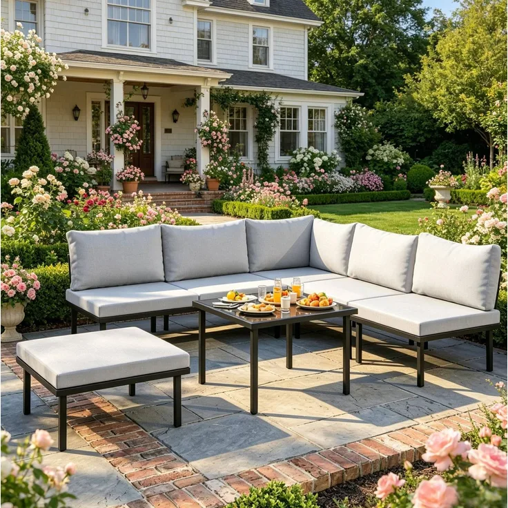6-teiliges Gartenlounge-Set mit Glas-Couchtisch, 64x116x60,5 cm, Schwarz/Hellgrau