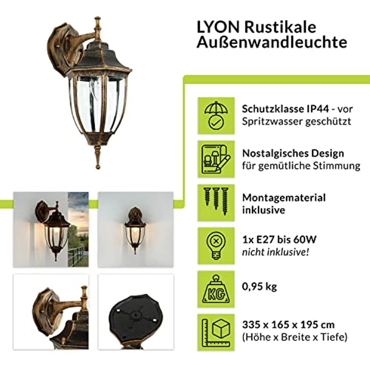Licht-Erlebnisse Außen-Wandleuchte LYON, ohne Leuchtmittel, Außenleuchte Wand IP44 Kupfer E27 Glas Aluminium Rustikal Außenlampe – Bild 3