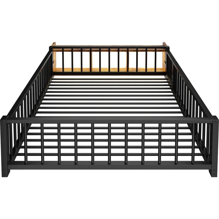 Kinderbett mit LED-Streifen, Regal, Zaun, Lattenrost und Tür, 140x200 cm, Einzelbett mit Rausfallschutz, Metallbett – Bild 7