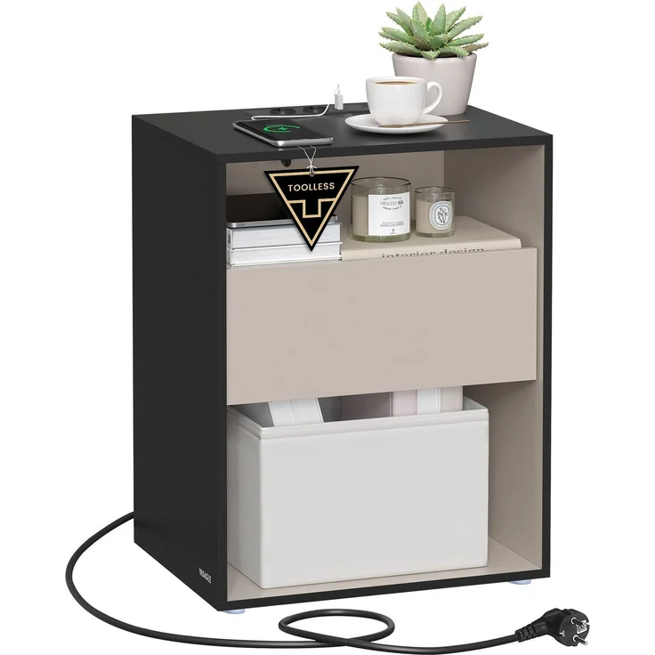 VASAGLE Superschnelle werkzeuglose Montage, Nachttisch, Beistelltisch mit Ladefunktion, Nachtschrank mit Schublade, Schlafzimmer, Toolless-Technologie, tintenschwarz-cappuccinobeige LETDE777B04 – Bild 1
