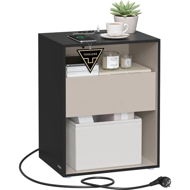 VASAGLE Superschnelle werkzeuglose Montage, Nachttisch, Beistelltisch mit Ladefunktion, Nachtschrank mit Schublade, Schlafzimmer, Toolless-Technologie, tintenschwarz-cappuccinobeige LETDE777B04