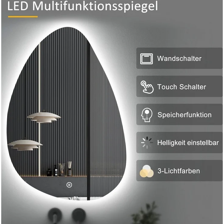 WDWRITTI Wandspiegel mit beleuchtung Badspiegel LED Touch Modern Dreifarbiges Dimmbar (LED Spiegel Bad, Wassertropfen, 55x80cm), LED Multifunktionspiegel – Bild 2