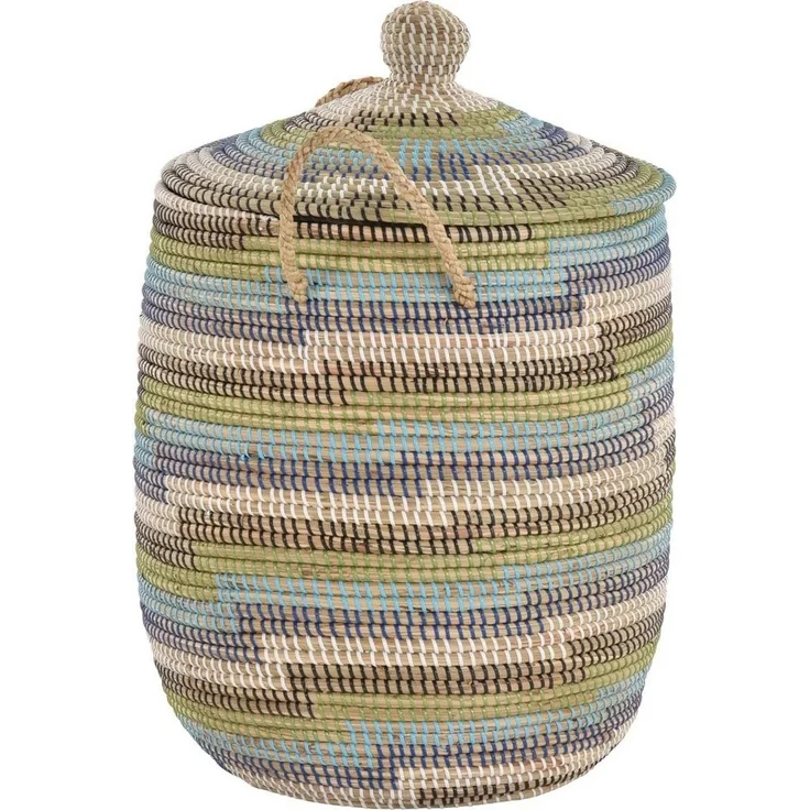 Krines Home Wäschekorb Wäschekorb Wäschesammler mit Deckel Dekokorb Aufbewahrungs-Box, Allzweck-Korb Natur Seegras mit bunten Wicklungen – Bild 2