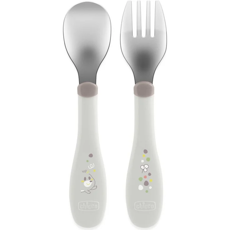Chicco EDELSTAHLBESTECK-SET, Babyset, Gabel und Löffel für Kinder, aus rostfreiem Stahl, leicht zu greifen, 2 Stück, 18M+, Grau