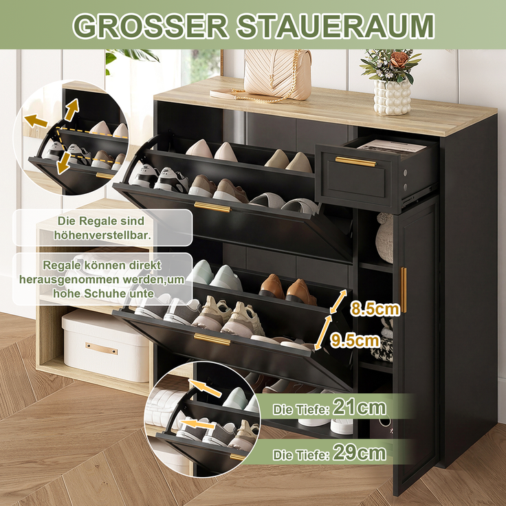 Garderoben-Set 139,5x35x166 cm in Natur/Schwarz mit Schuhschrank, Bank, Paneel, Spiegel – Bild 9