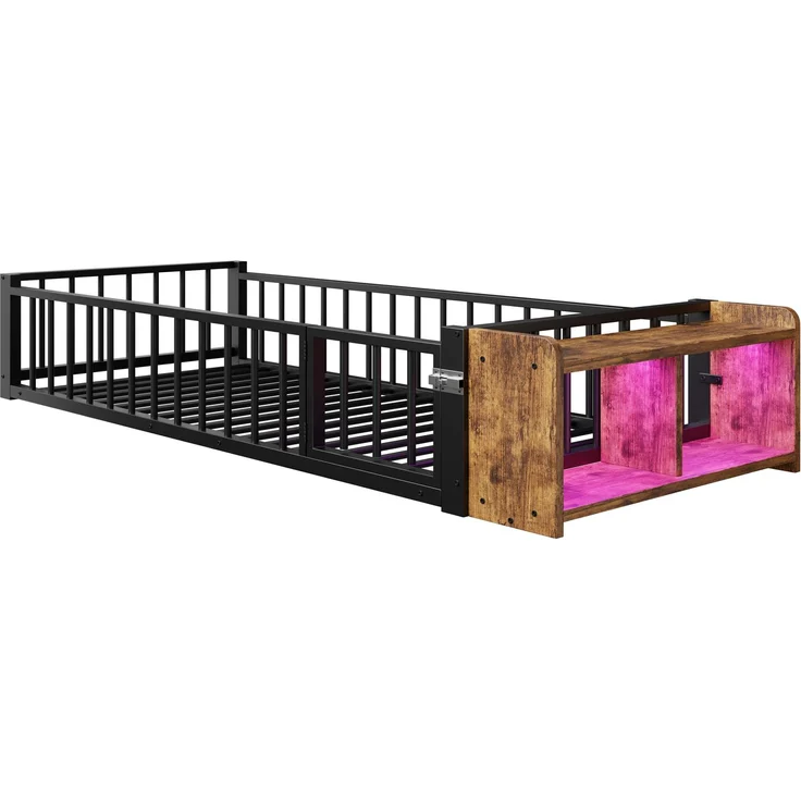 Merax Einzelbett, Kinderbett, Metallbett, 90 x 200 cm, Metallbettgestell, mit Schutzgeländer, ohne Matratze, Schließfächern, LED-Streifenleuchten, Schwarz – Bild 8