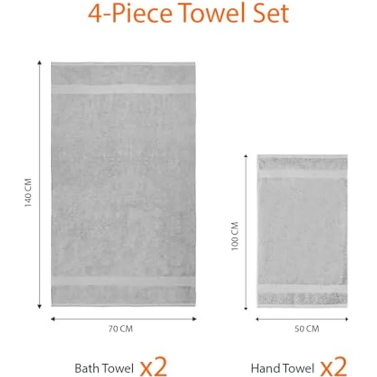 Amazon Basics Handtücher Set, 4-teilig, 100% Baumwolle, ausbleichbeständig, 2 Badetücher (140 x 70 cm) + 2 Handtücher (50 x 100 cm), Grau – Bild 3