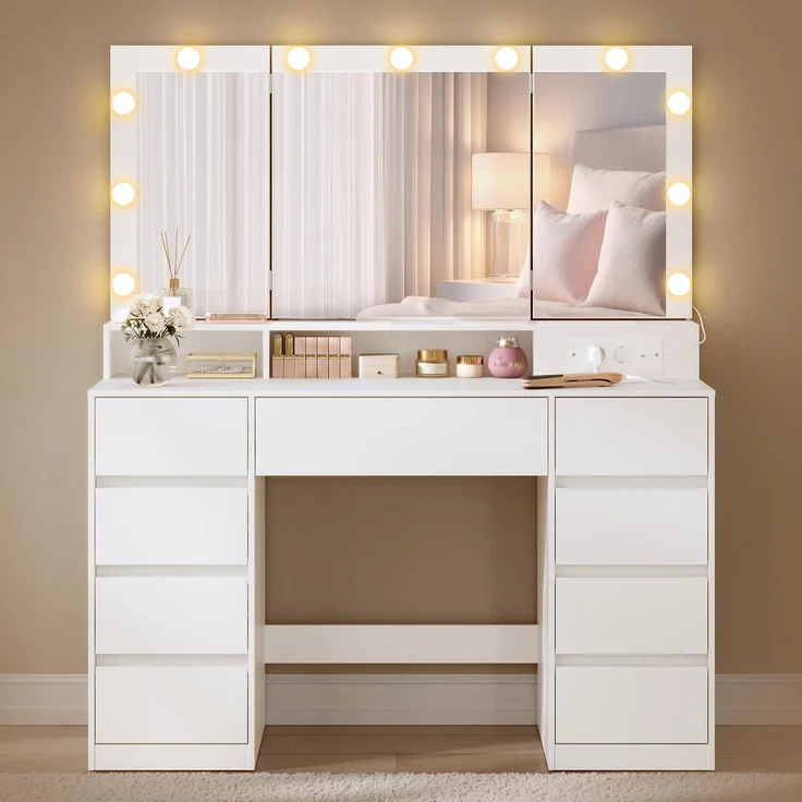VASAGLE Kailyn Kollektion - Schminktisch, 3-teiliger Spiegel, Frisiertisch 11 Glühbirnen, Steckdosen, 9 Schubladen, 3 Lichtfarben, werkzeuglose Montage der Schubladenschienen, wolkenweiß RDT146WB01