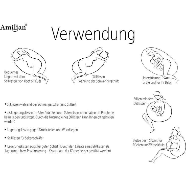 Amilian Stillkissen 330 cm - Seitenschläferkissen, Schwangerschaftskissen, Lagerungskissen, Stillkissen XXL - Stillkissen Seitenschläferkissen - Amilian Stillkissen, mit abnehmbaren Bezug, Stillkissen mit Füllung – Bild 5