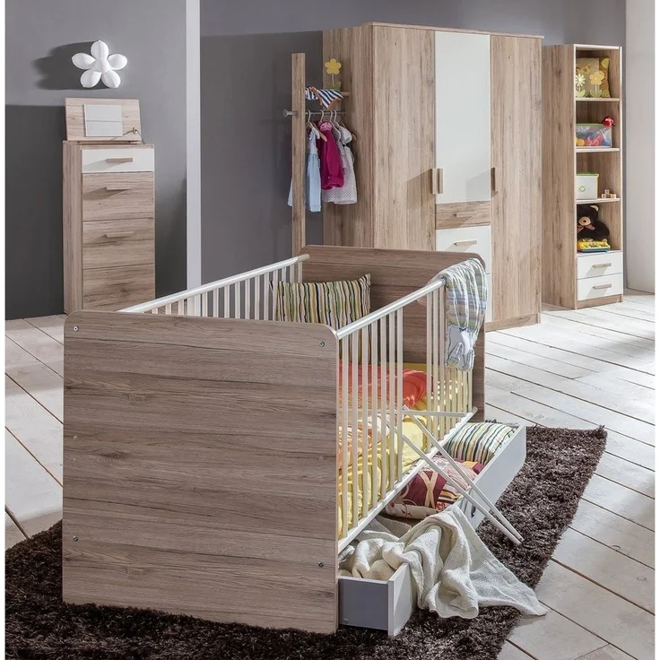 Wimex 'Cariba' 5-tlg. Babyzimmerset, Eiche/San Remo/Weiß, aus Bett 70x140 cm inkl. Umbauseiten und Bettschublade, Wickelkommode mit Unterstellregal, Kleiderschrank, Standregal und Wandregal – Bild 2