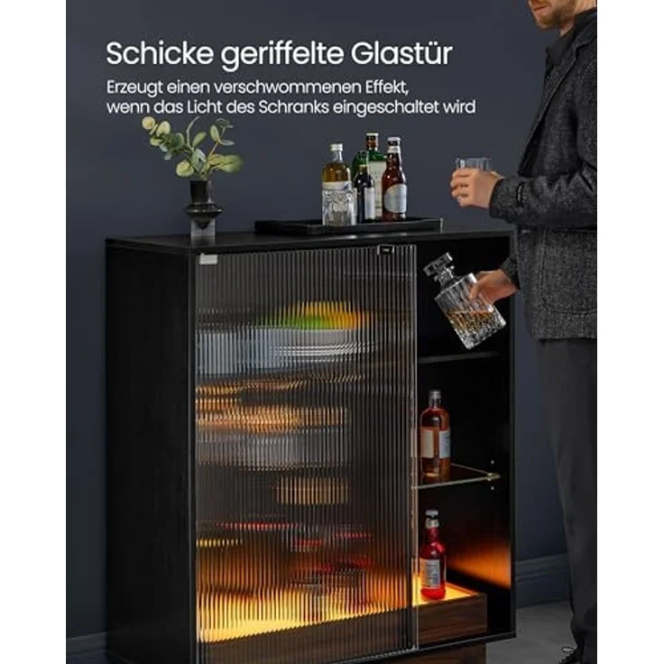 VASAGLE Weinschrank mit Beleuchtung, Sideboard mit LED, Küchenschrank für Weinflaschen, Barschrank mit Weinglashalter, geriffelte Glastür, für Wohnzimmer, ebenholzschwarz BBK361B21 – Bild 6