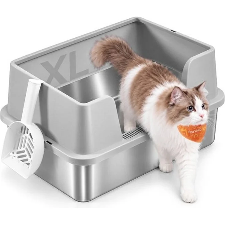 FEANDREA Edelstahl Katzenklo XXL Offen mit Hohem Rand 61 x 41 x 30 cm Taubengrau – Bild 1