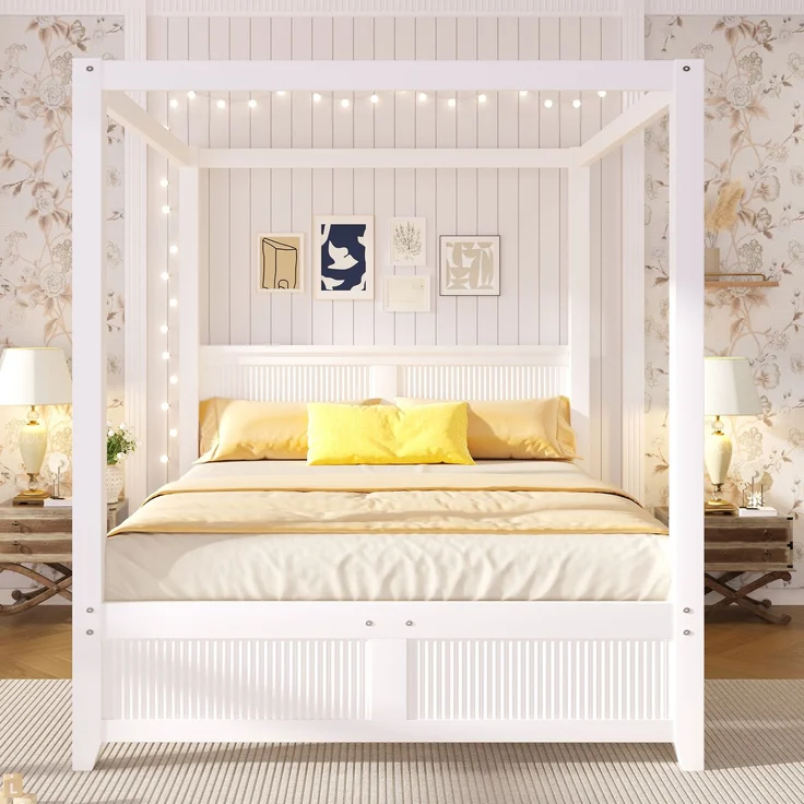 ZUBALIYA 140x200cm Himmelbett aus Holz mit dekorativem Dachrahmen und vertikalen Lamellen am Kopf- und Fußteil, Weiß – Bild 3