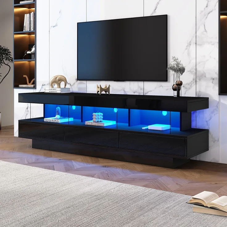 TV-Lowboard Schwarz Hochglanz 160 cm mit LED, Glasablagen, Push-to-Open, TV-Schrank für 70 Zoll, modernes Wohnzimmermöbel