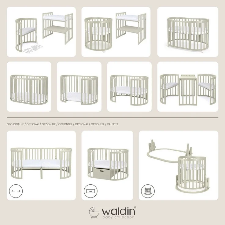 Waldin Babybett Mobiles Babybett OWAL aus Holz 7in1 mit Matratze, mitwachsend – Bild 1
