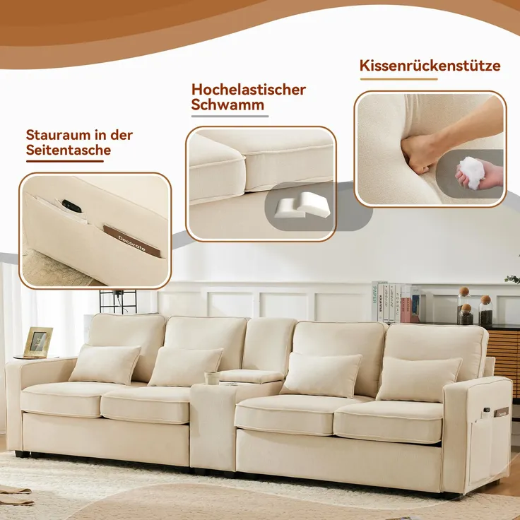 Big-Sofa, 4-Sitzer inkl. loser Zier- und Rückenkissen, Zwischentisch, USB-Anschlüssen, Polstersofa, Wohnzimmersofa, Leinen – Bild 6
