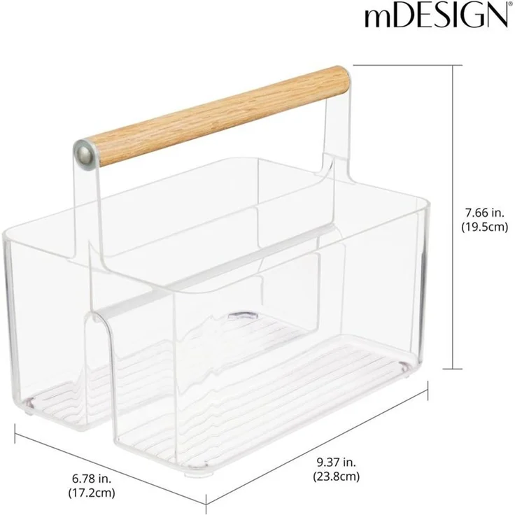 mDesign Aufbewahrungskorb Organizer Caddy 2 Fächer Holzgriff Transparent – Bild 2
