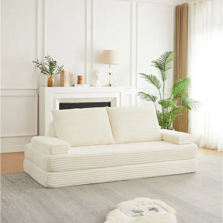 Modulares Cord-Sofa mit verschiebbaren Rücken- und Armlehnen, 211,5x106,5x62 cm, Beige