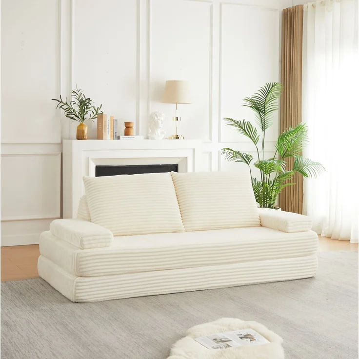 Modulares Cord-Sofa mit verschiebbaren Rücken- und Armlehnen, 211,5x106,5x62 cm, Beige – Bild 1