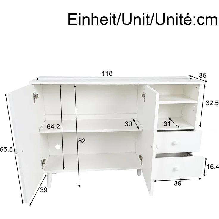Merax Sideboard, gewölbte Türen, Holzgriffe, Holzfüße, mit 2 Türen, 2 Schubladen und 2offenem Fach, Mehrfachaufbewahrung, Weiß – Bild 4