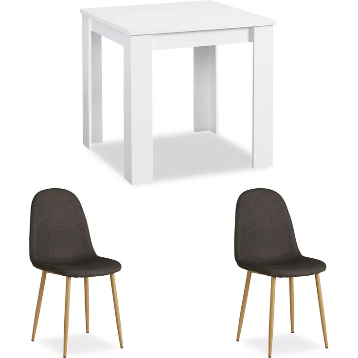 Essgruppe mit 2 Stühlen Esstisch Weiß 80x80 cm Esszimmertisch Holz Massiv Polsterstühle Anthrazit