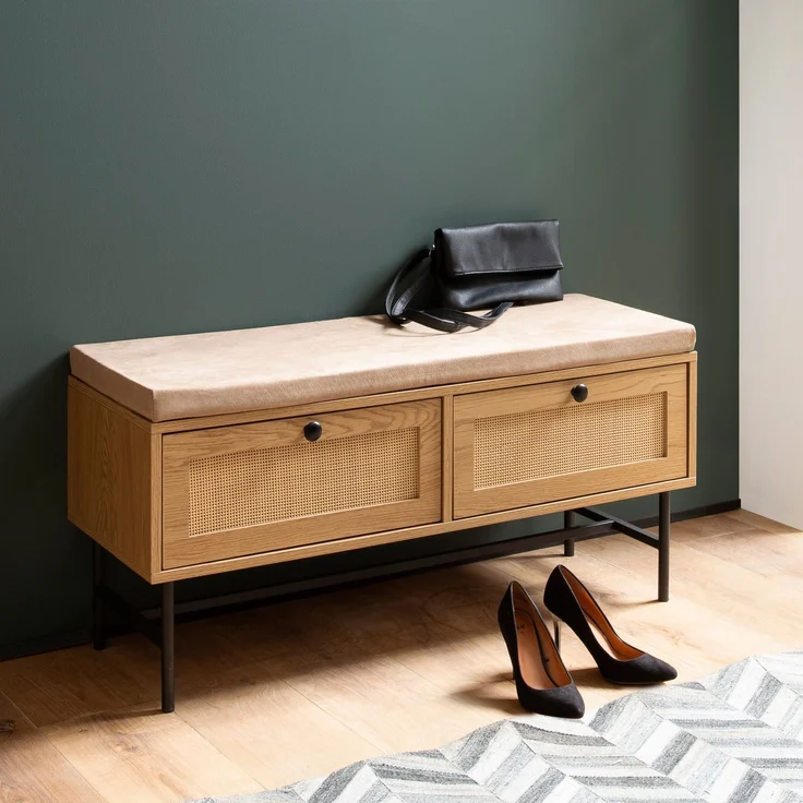 Schuhbank Eiche-Dekor 100x48x38cm mit Stauraum Rattan Sitzfläche Schubladen Flur – Bild 2
