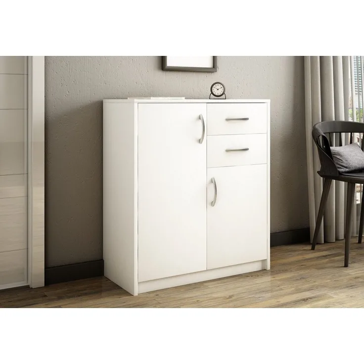Home Collective Kommode mit 2 Schubladen und 2 Türen in matter Ausführung, Kommode 74cm breit (Hergestellt aus laminiertem Holz, Metallrollen mit Auszugssperre), Holz Schrank Sideboard Highboard Kommode mit Schubladen Weiß