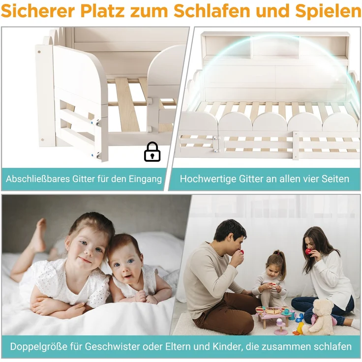 Kinder Bodenbett 140x190 cm Weiß Holzbett mit Rausfallschutz und Tür Lattenrost Kinderbett mit Regal großzügige Liegefläche für Geschwister sicherer Schlaf und Spielbereich ohne Matratze – Bild 6