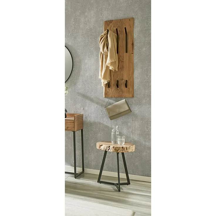 Haku Wandgarderobe aus Akazie Massivholz mit 8 Metallhaken schwarz pulverbeschichtet, Baumkante, 36x12x100 cm – Bild 4
