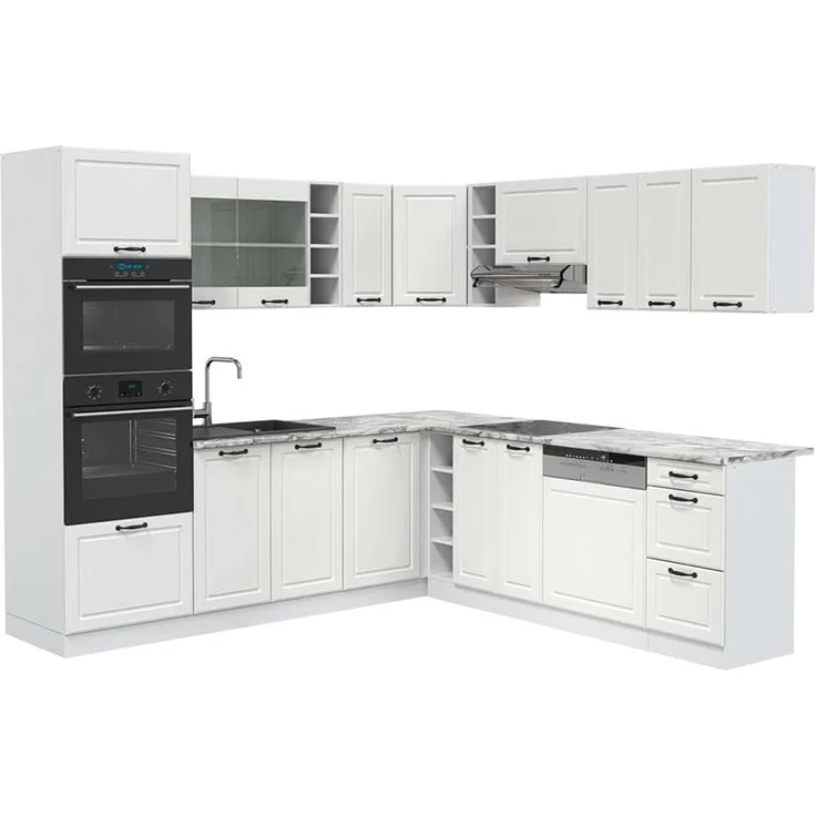 Eckküche R-Line Weiß Landhaus/Weiß 247 x 237 cm, AP Marmor Vicco – Bild 1