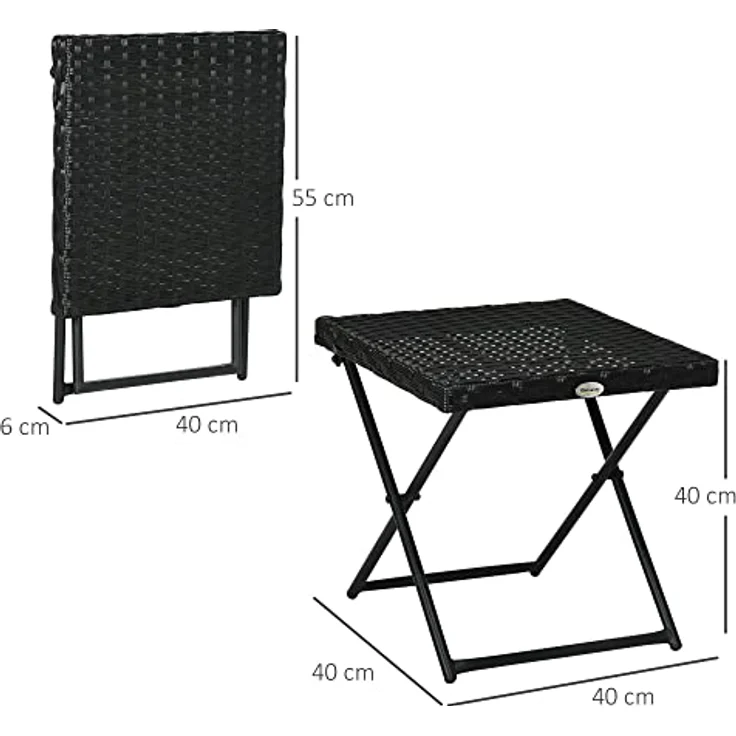 Outsunny Klapptisch, Gartentisch aus Polyrattan mit stabilem Stahlrahmen, Schwarz, 40x40x40 cm, platzsparend und pflegeleicht – Bild 3