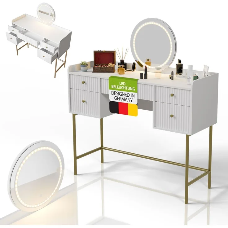 Juskys Schminktisch Samira mit Touch-LED-Spiegel, 5 Schubladen, viel Stauraum & elegantes Design für Schlafzimmer & Make-up – Weiß/Gold