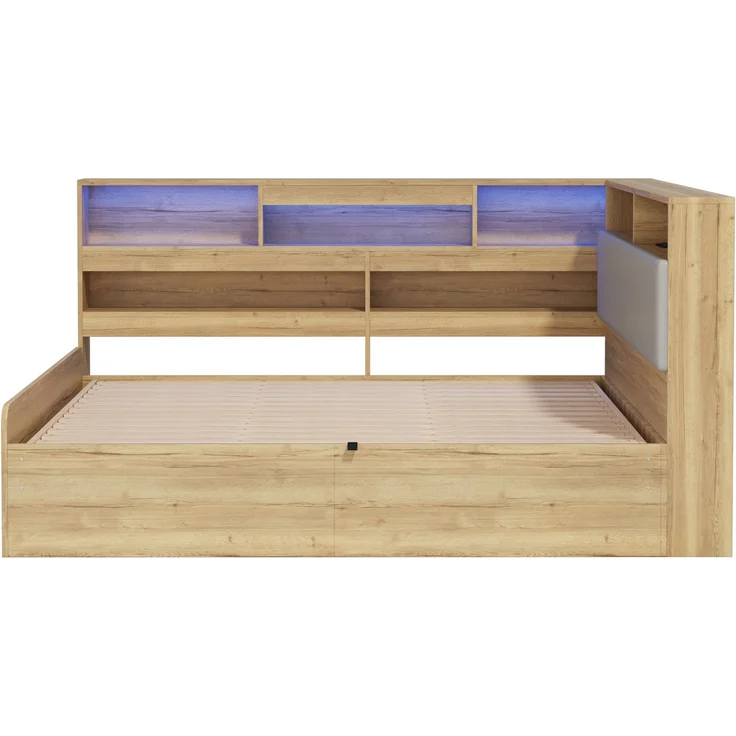 Merax Kinderbett 140x200 cm, Holzbett, Jugendbett, Daybett, Hydraulisches Stauraumbett, mit USB-Ladestation und LED-Beleuchtung, Naturfarbe – Bild 8