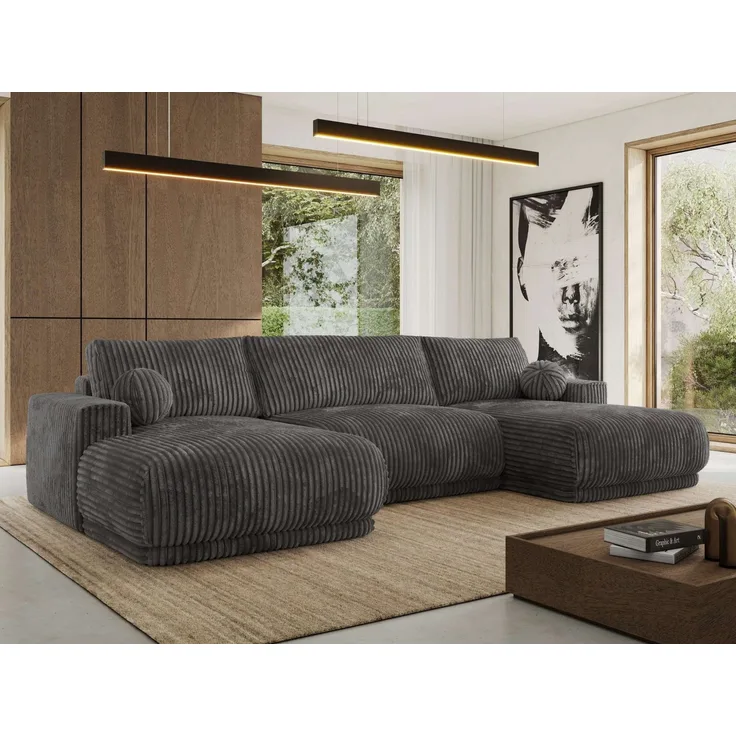 XXL Wohnlandschaft RINA U-Form 360 cm breit, Sofa mit Schlaffunktion & DL-Mechanismus, Wellenfederung, modern freistehend - Grau Cord