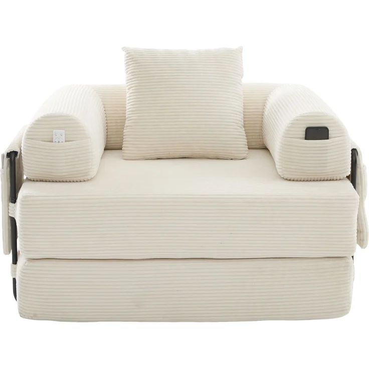 LVHOM 3-in-1 Schlafsessel, Klappsofa mit Schlaffunktion, Einzelschlafsofa mit Seitentaschen und Kissen, Polstersofa aus Cordstoff, frei Kombination, Beige – Bild 2