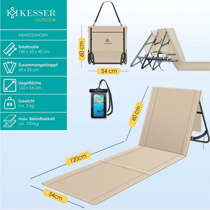 KESSER® Strandmatte klappbar mit verstellbarer Rückenlehne, Strandliege faltbar mit Tragegurt, wasserdichter Handyhülle & Aufbewahrungstasche, Sonnenliege für Strand Garten Terrasse, Liegematte 130Kg Beige, 1er – Bild 2