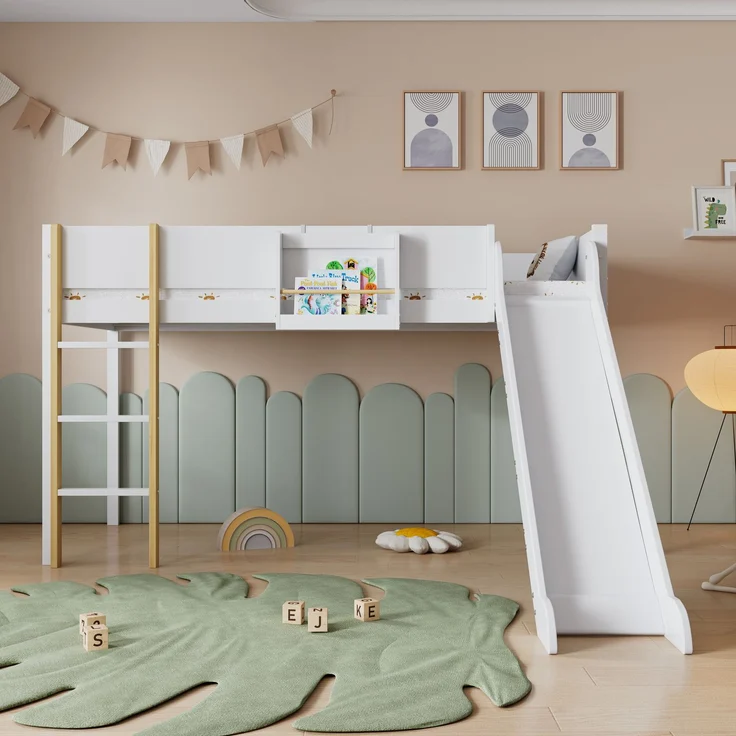 Hochbett Kinderbett 90x200 mit Rutsche, Leiter und Regal, aus Kiefer MDF, Etagenbett Jugendbett, weiß-natur – Bild 2